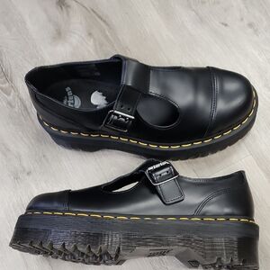 Dr. Martens Black Mary Jane Platform Shoes with Yellow Stitching